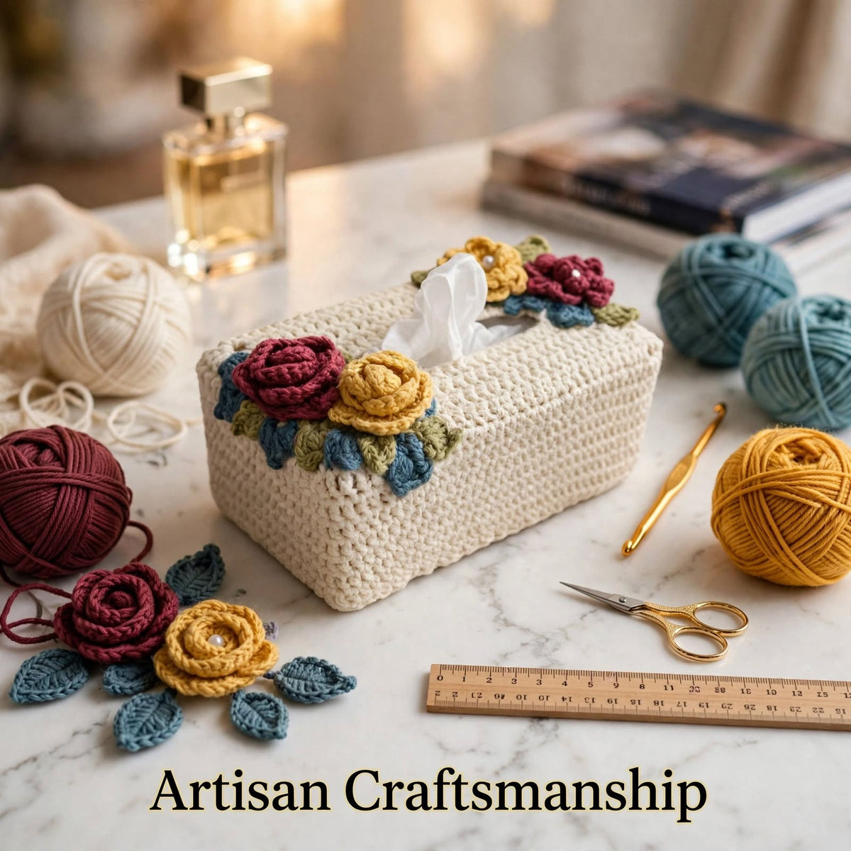 Handmade Crochet Tissue Box Cover – Cream with Maroon & Yellow Flowers
