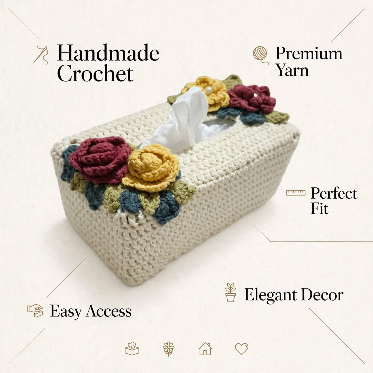 Handmade Crochet Tissue Box Cover – Cream with Maroon & Yellow Flowers