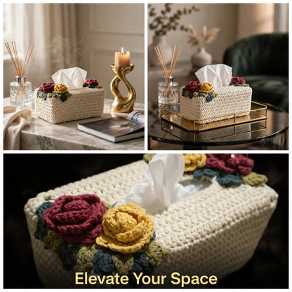 Handmade Crochet Tissue Box Cover – Cream with Maroon & Yellow Flowers