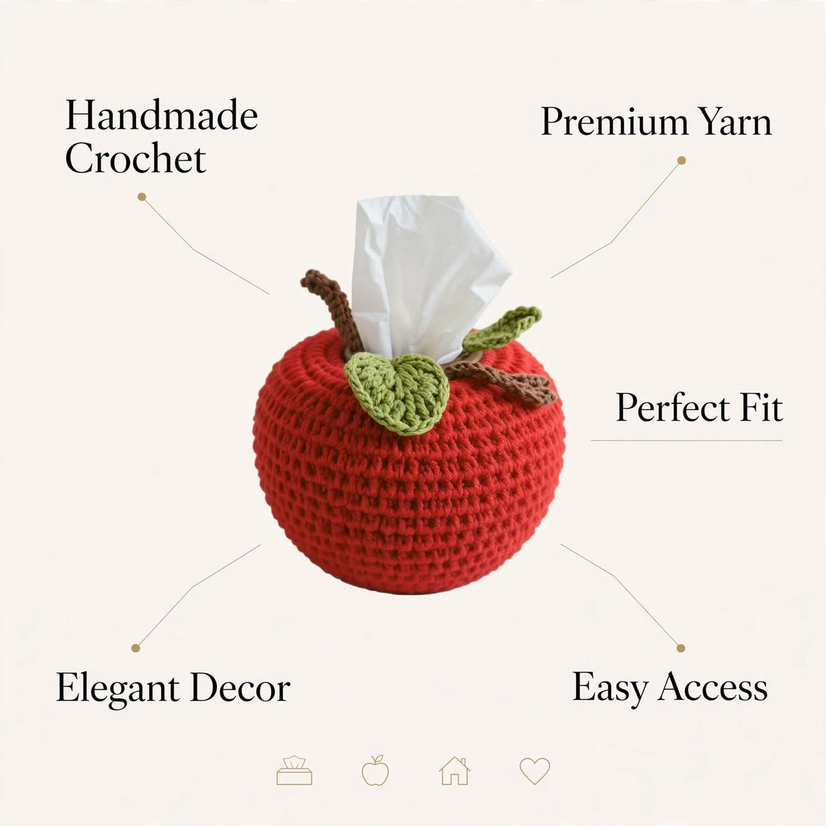 Handmade Crochet Apple-Style Tissue Box Cover – Round Top with Green Leaf