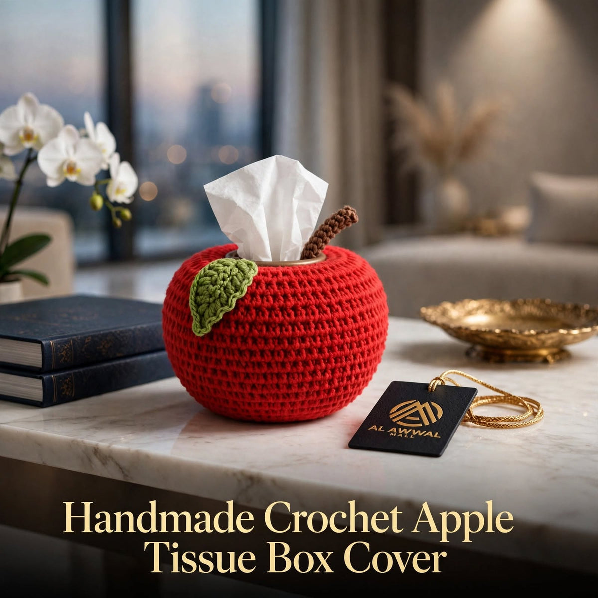 Handmade Crochet Apple-Style Tissue Box Cover – Round Top with Green Leaf