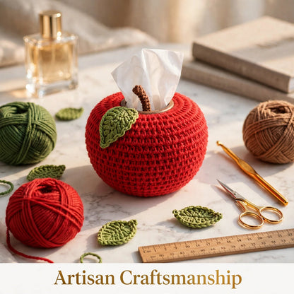 Handmade Crochet Apple-Style Tissue Box Cover – Round Top with Green Leaf
