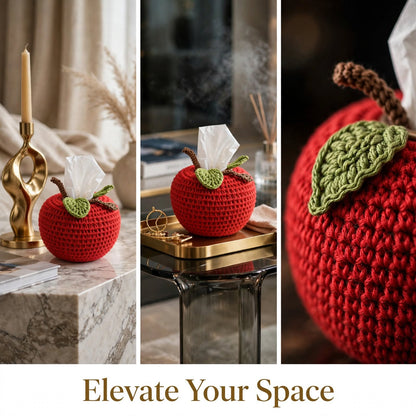 Handmade Crochet Apple-Style Tissue Box Cover – Round Top with Green Leaf