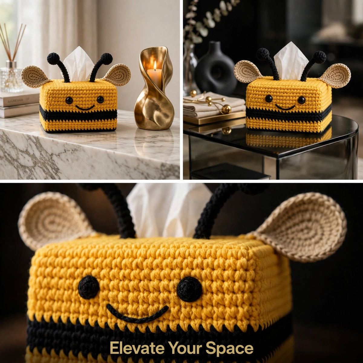 Handmade Crochet Honey Bee Tissue Box Cover – Square Black & Yellow Design