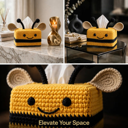 Handmade Crochet Honey Bee Tissue Box Cover – Square Black & Yellow Design
