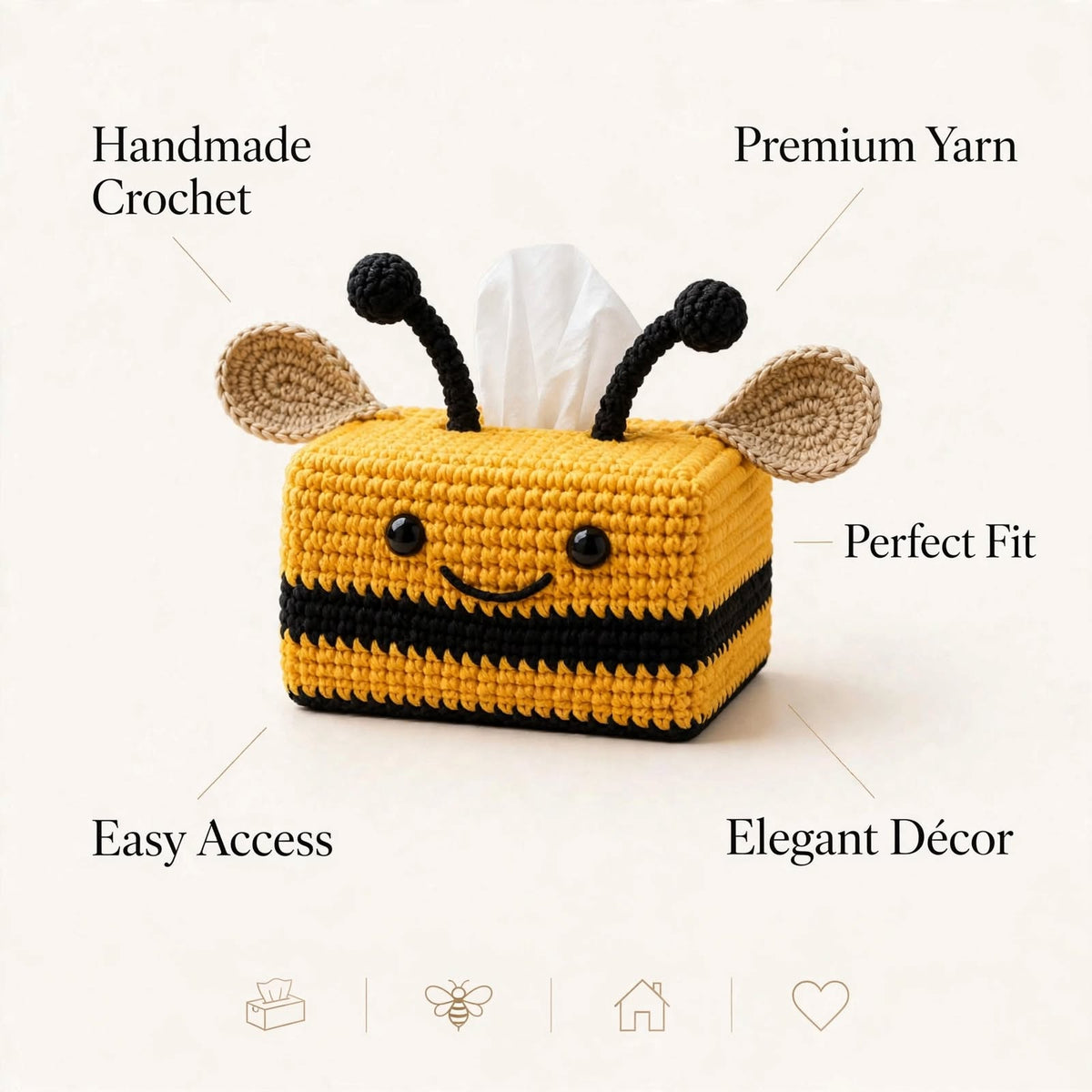 Handmade Crochet Honey Bee Tissue Box Cover – Square Black & Yellow Design