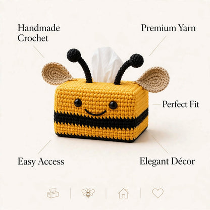 Handmade Crochet Honey Bee Tissue Box Cover – Square Black & Yellow Design