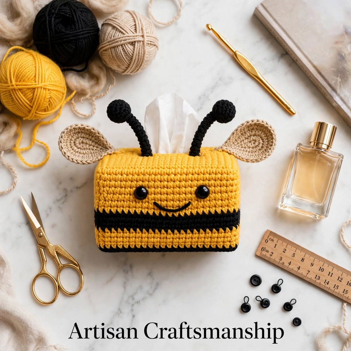 Handmade Crochet Honey Bee Tissue Box Cover – Square Black & Yellow Design