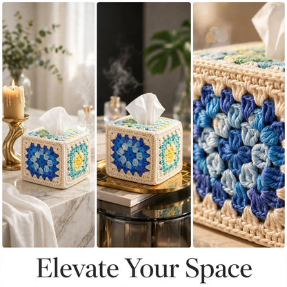 Handmade Crochet Square Tissue Box Cover – Floral Block Design