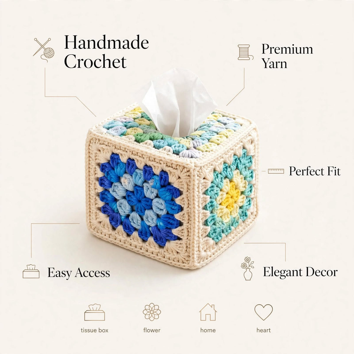 Handmade Crochet Square Tissue Box Cover – Floral Block Design