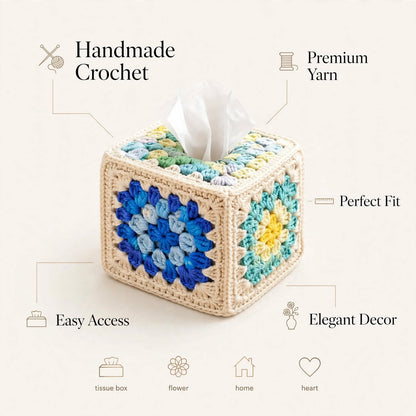 Handmade Crochet Square Tissue Box Cover – Floral Block Design