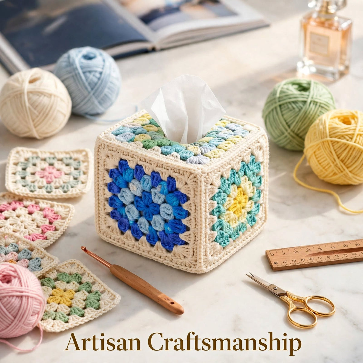 Handmade Crochet Square Tissue Box Cover – Floral Block Design
