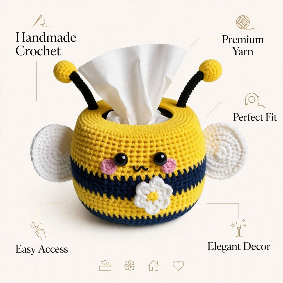 Handmade Crochet Honey Bee Tissue Box Cover – Black & Yellow