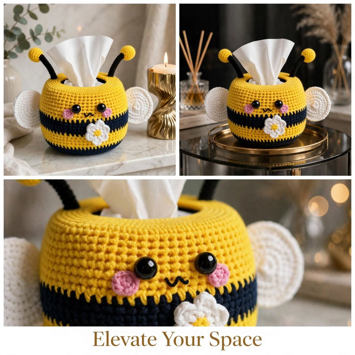 Handmade Crochet Honey Bee Tissue Box Cover – Black & Yellow