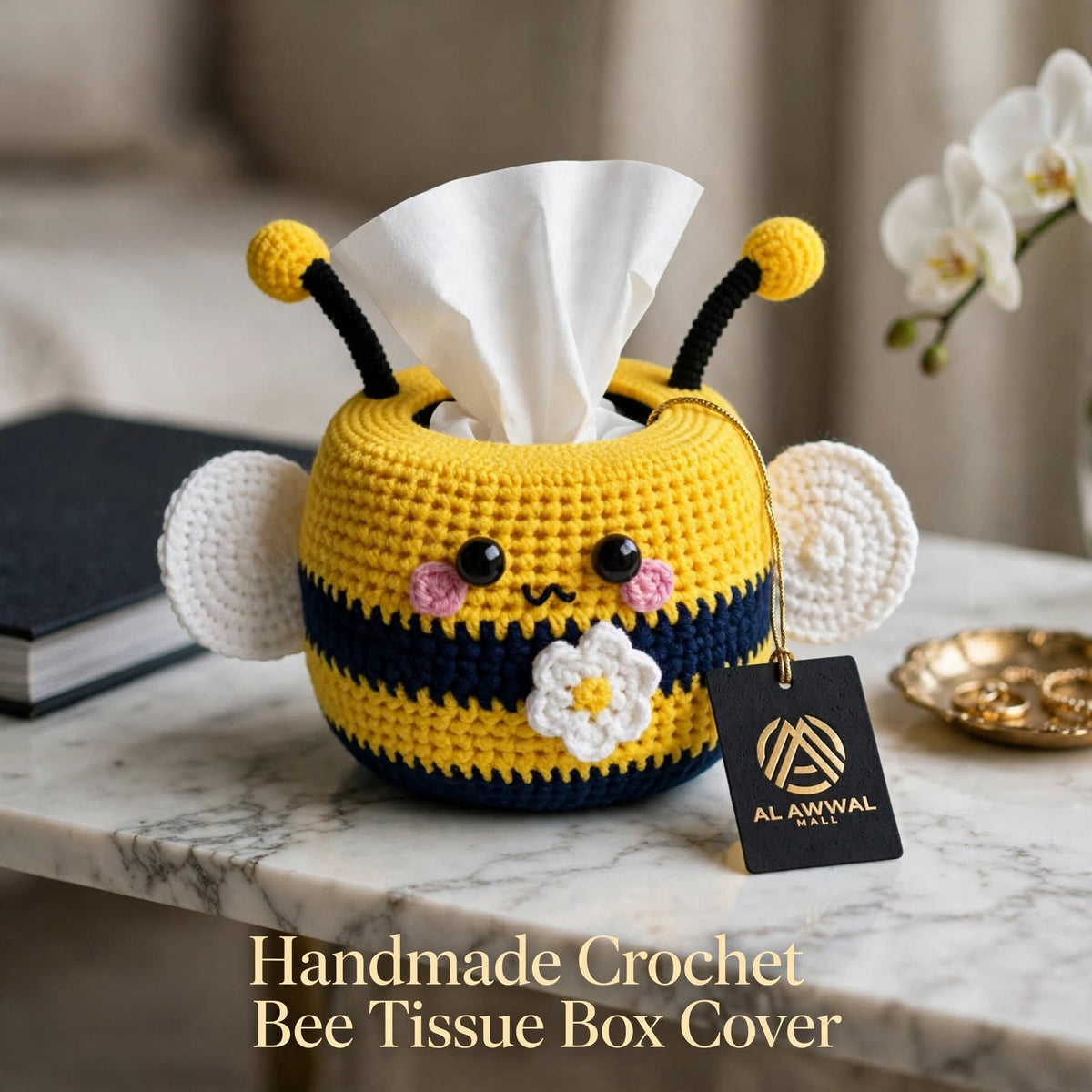Handmade Crochet Honey Bee Tissue Box Cover – Black & Yellow