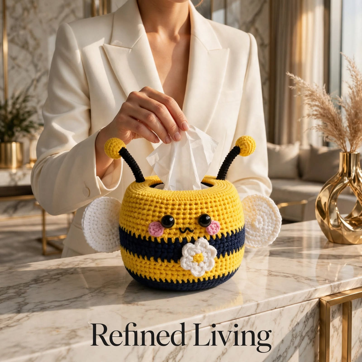 Handmade Crochet Honey Bee Tissue Box Cover – Black & Yellow