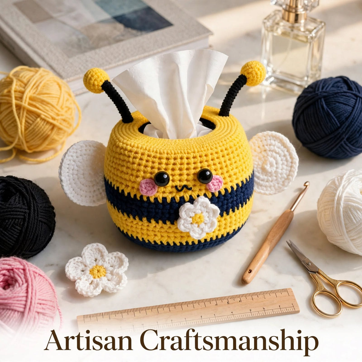 Handmade Crochet Honey Bee Tissue Box Cover – Black & Yellow