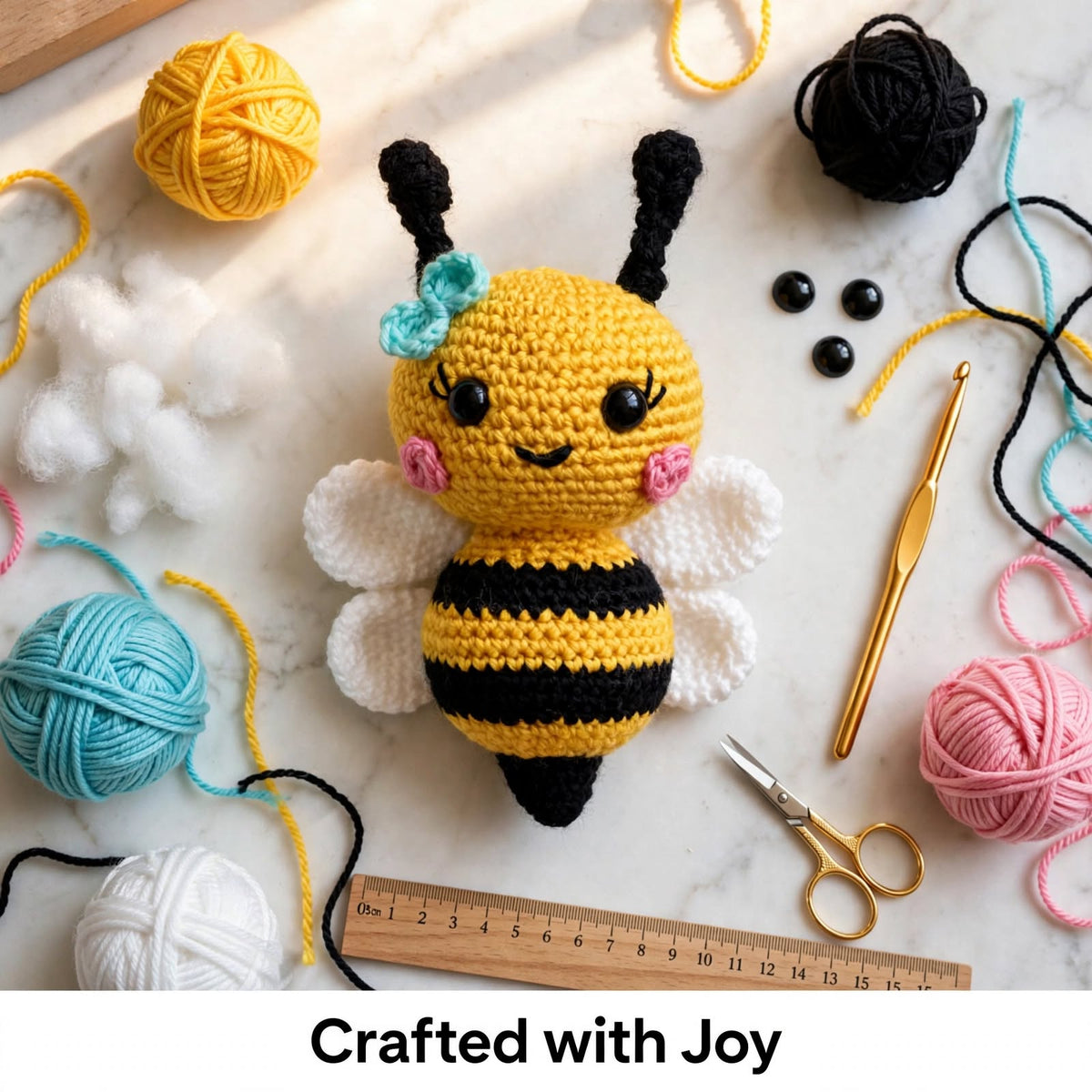Cute Handmade Honey Bee Baby Soft Toy – Yellow & Black with White Fluffy Details