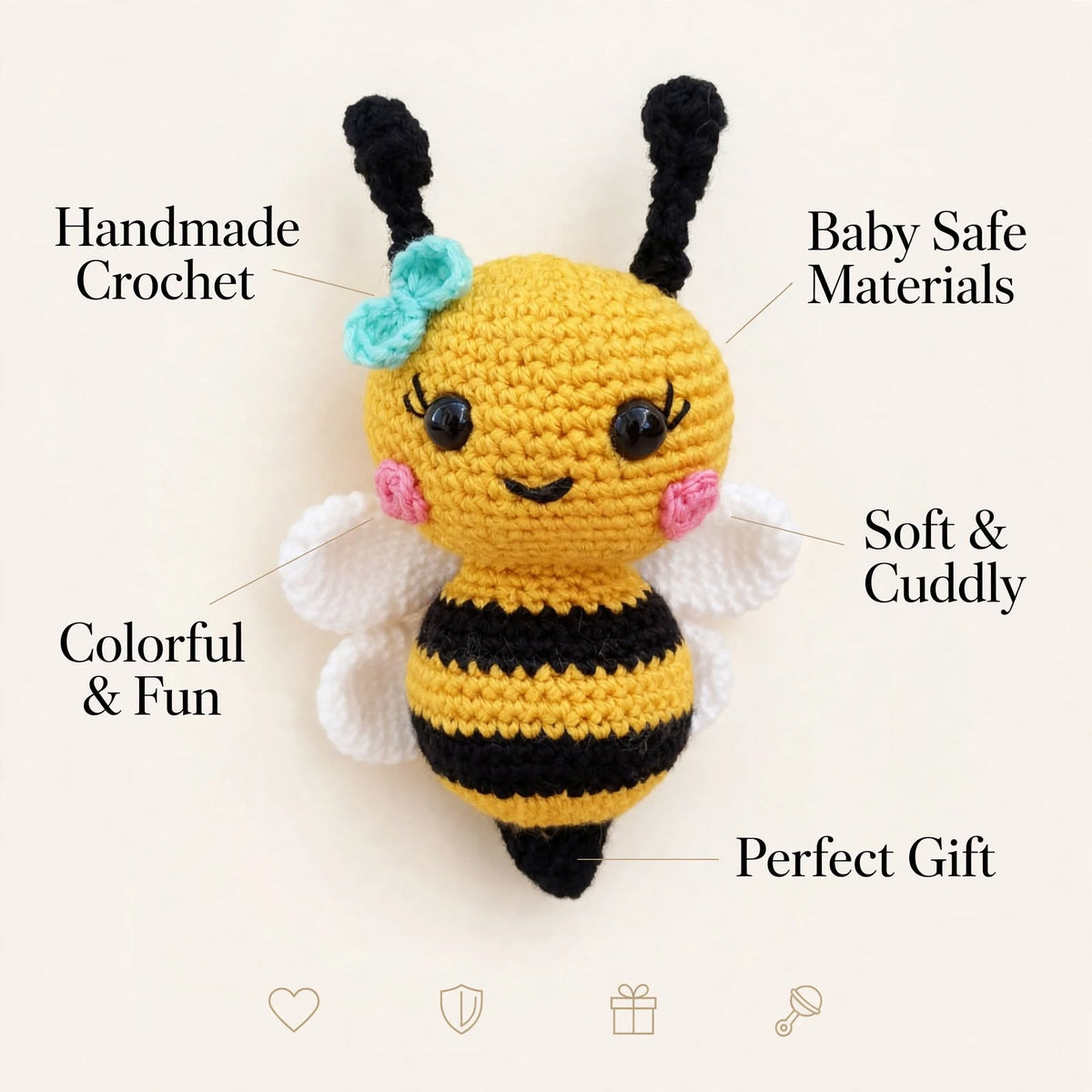 Cute Handmade Honey Bee Baby Soft Toy – Yellow & Black with White Fluffy Details