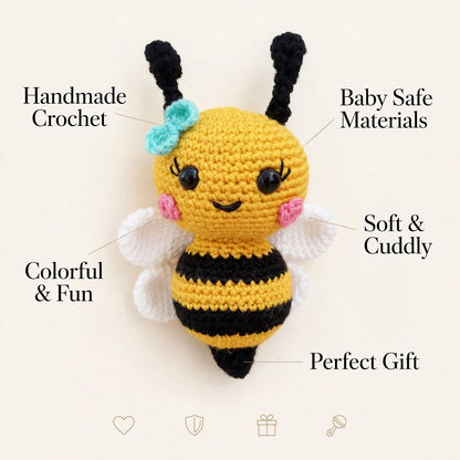 Cute Handmade Honey Bee Baby Soft Toy – Yellow & Black with White Fluffy Details