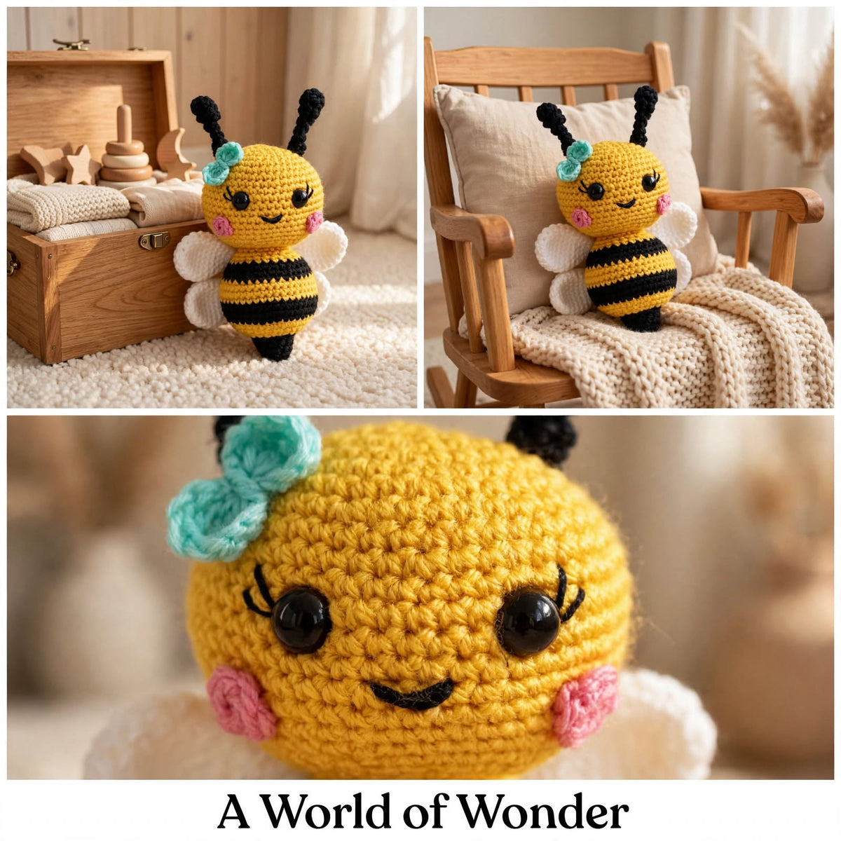 Cute Handmade Honey Bee Baby Soft Toy – Yellow & Black with White Fluffy Details