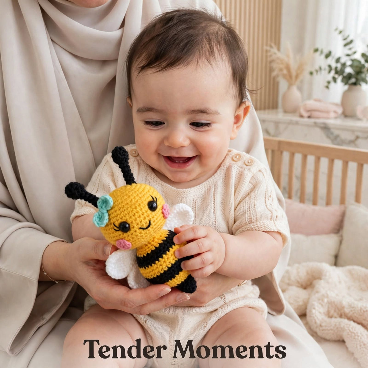 Cute Handmade Honey Bee Baby Soft Toy – Yellow & Black with White Fluffy Details