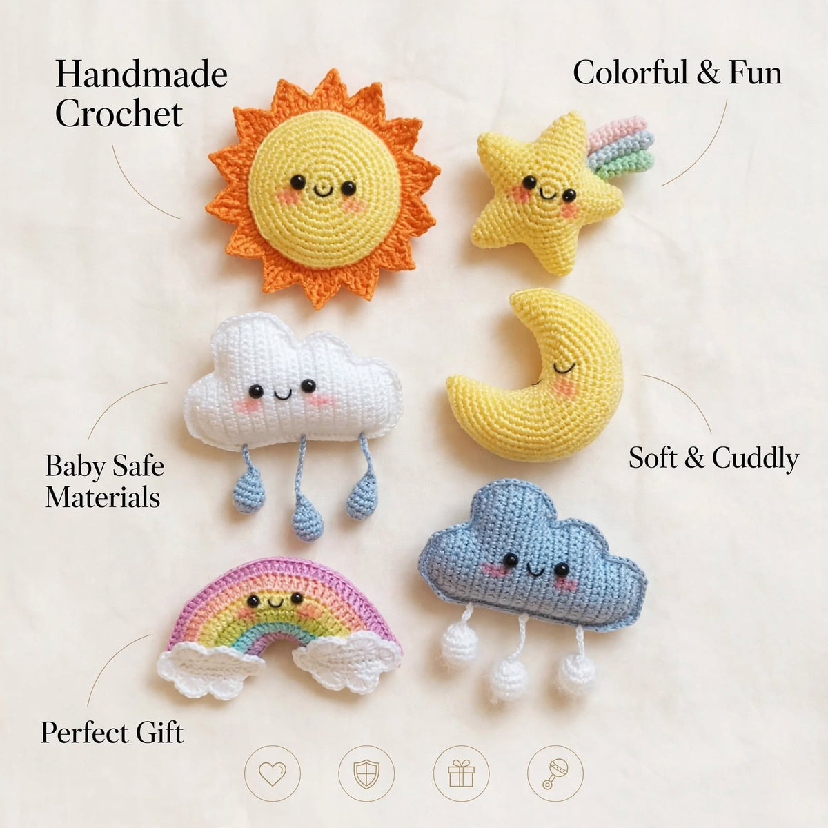 Cute Handmade Sky Theme Baby Soft Toy Set – Clouds, Sun, Rainbow & Star