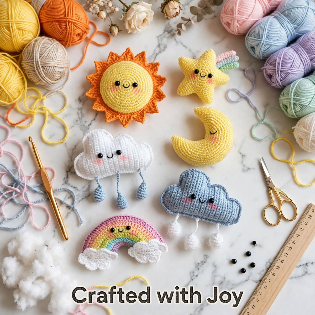 Cute Handmade Sky Theme Baby Soft Toy Set – Clouds, Sun, Rainbow & Star