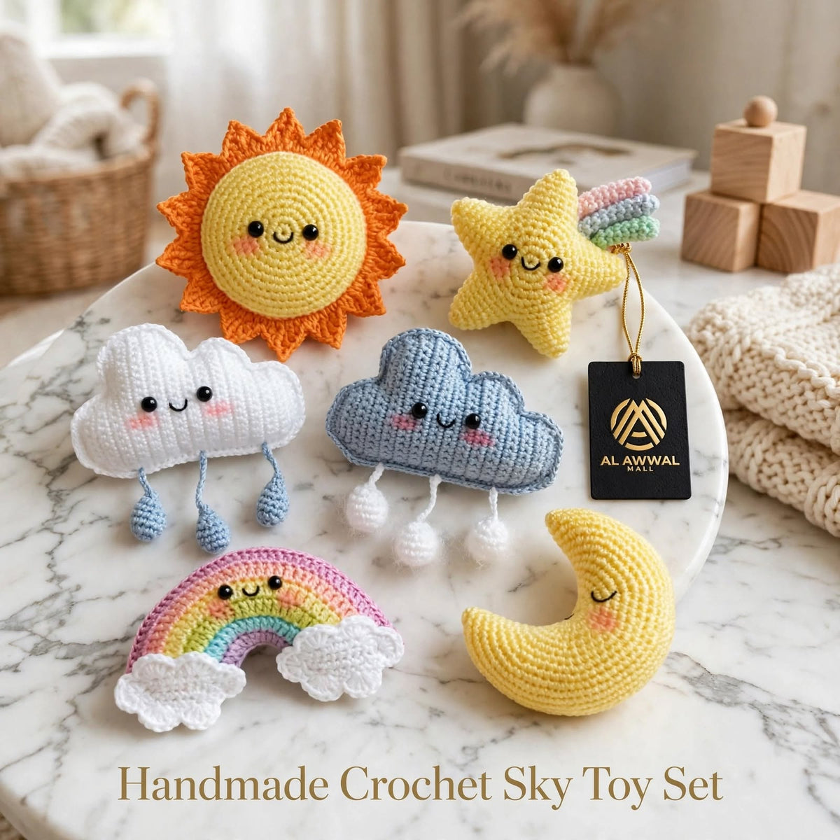 Cute Handmade Sky Theme Baby Soft Toy Set – Clouds, Sun, Rainbow & Star