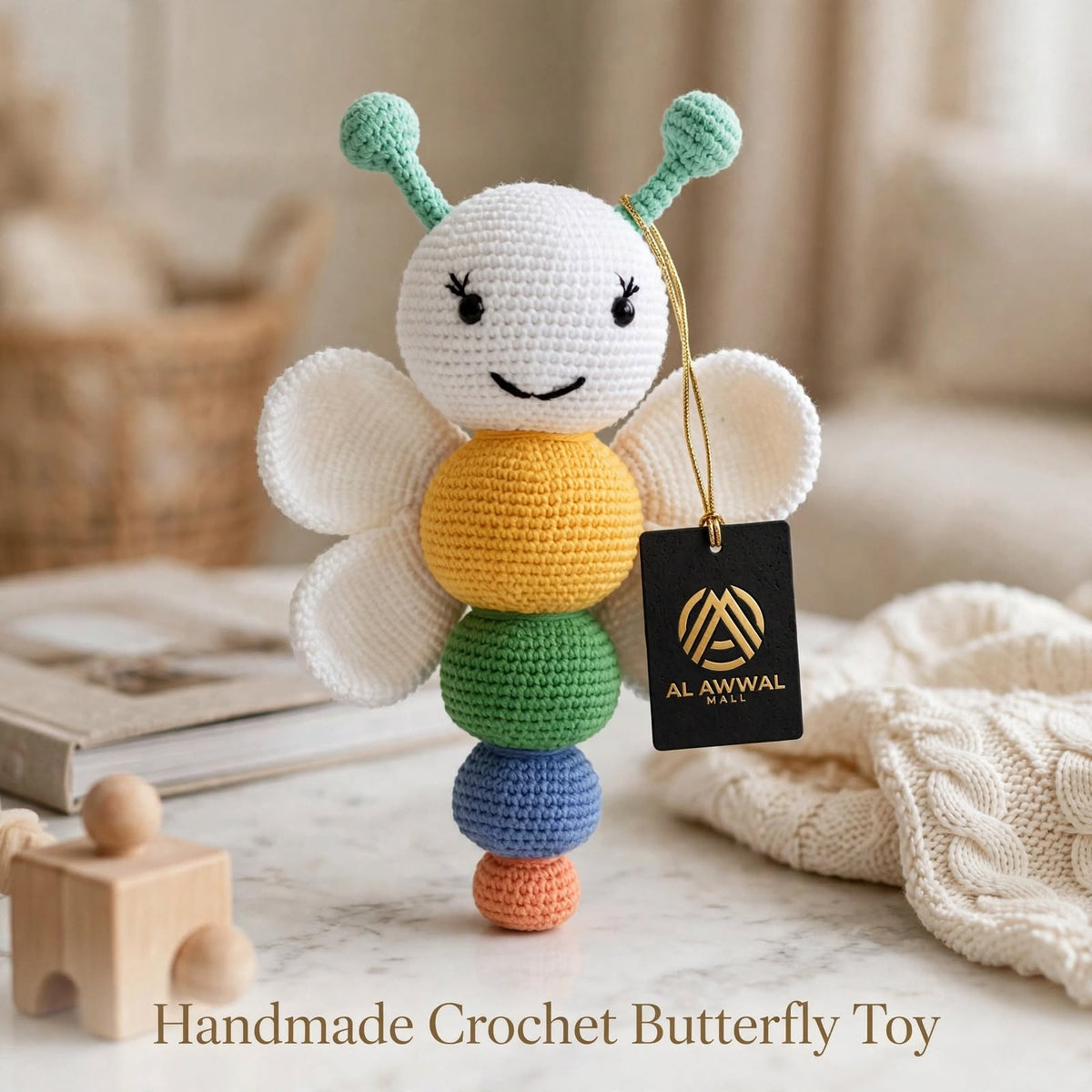 Cute Handmade Butterfly Baby Soft Toy – White Wings & Multicolor Body