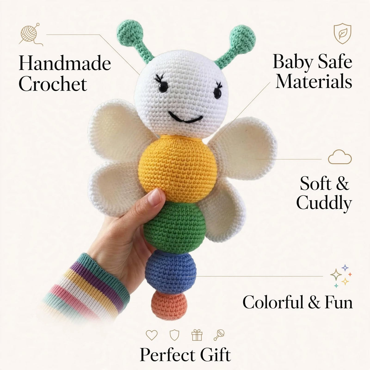 Cute Handmade Butterfly Baby Soft Toy – White Wings & Multicolor Body