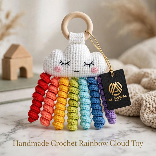 Cute Handmade Rainbow Sleeping Cloud Baby Soft Toy – Ring & Curly Yarn Hanging