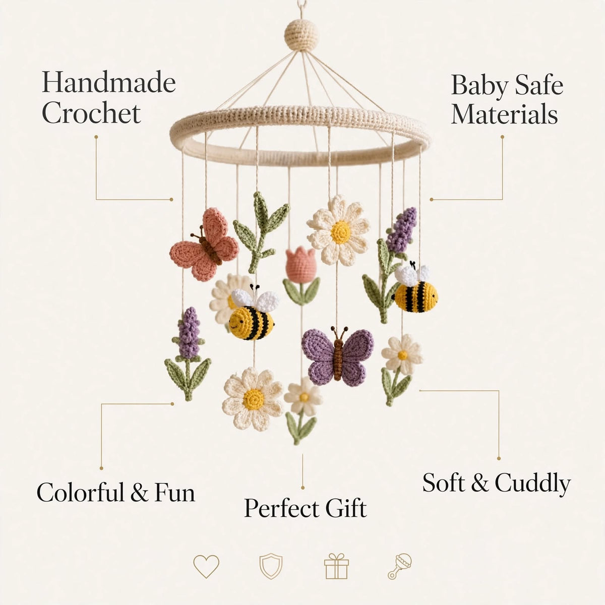 Handmade Crochet Baby Hanging Mobile – Skin Tone Ring with Nature Charms