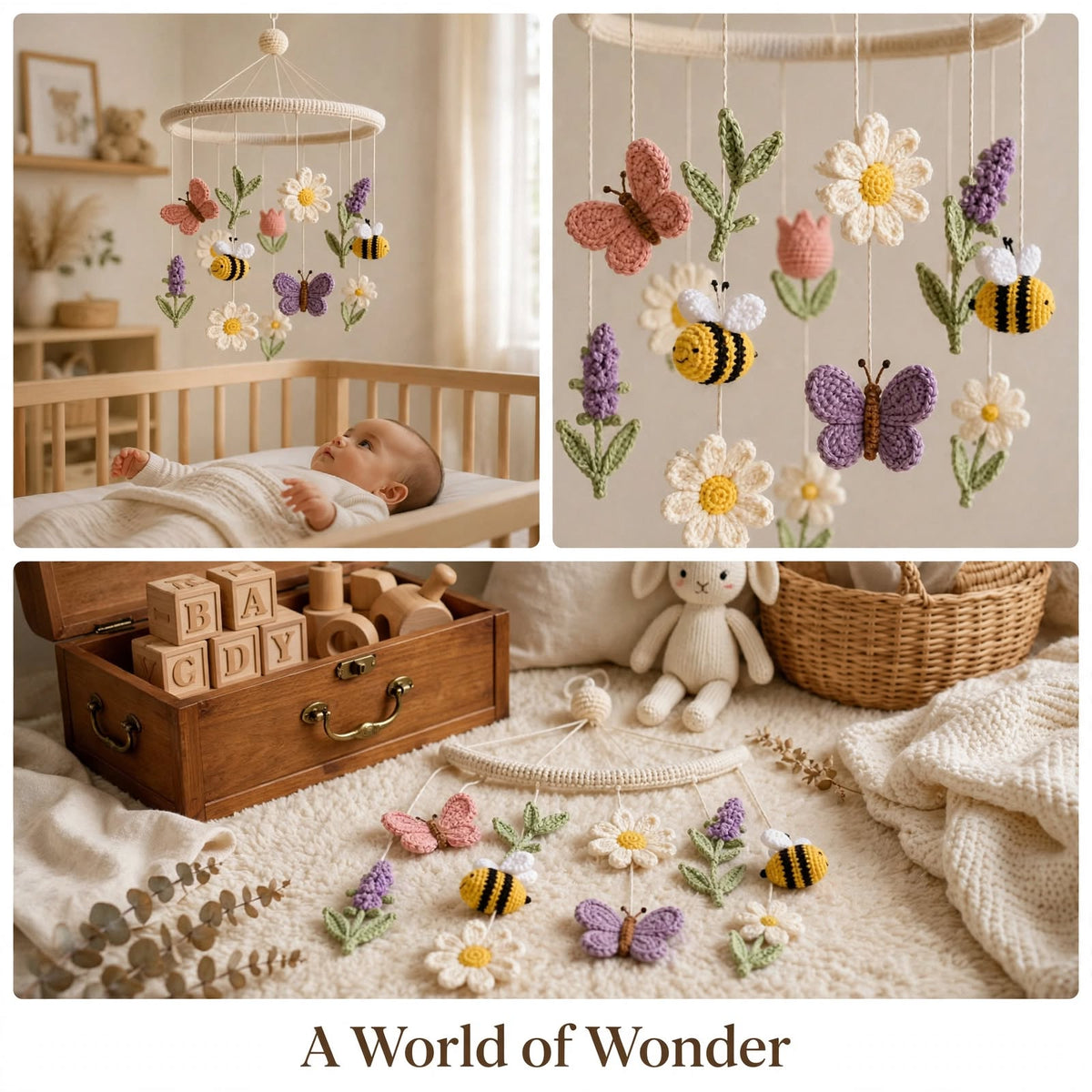 Handmade Crochet Baby Hanging Mobile – Skin Tone Ring with Nature Charms