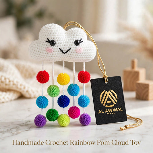 Handmade Crochet Rainbow Pom-Pom Cloud Hanging – Smiling Cloud