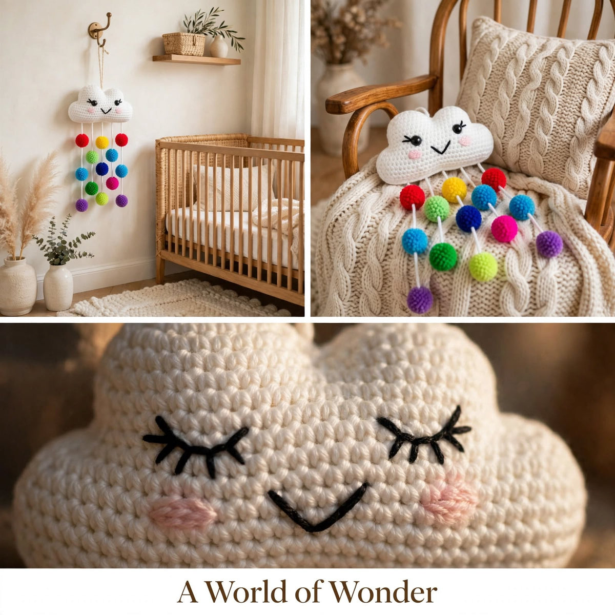 Handmade Crochet Rainbow Pom-Pom Cloud Hanging – Smiling Cloud