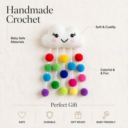 Handmade Crochet Rainbow Pom-Pom Cloud Hanging – Smiling Cloud