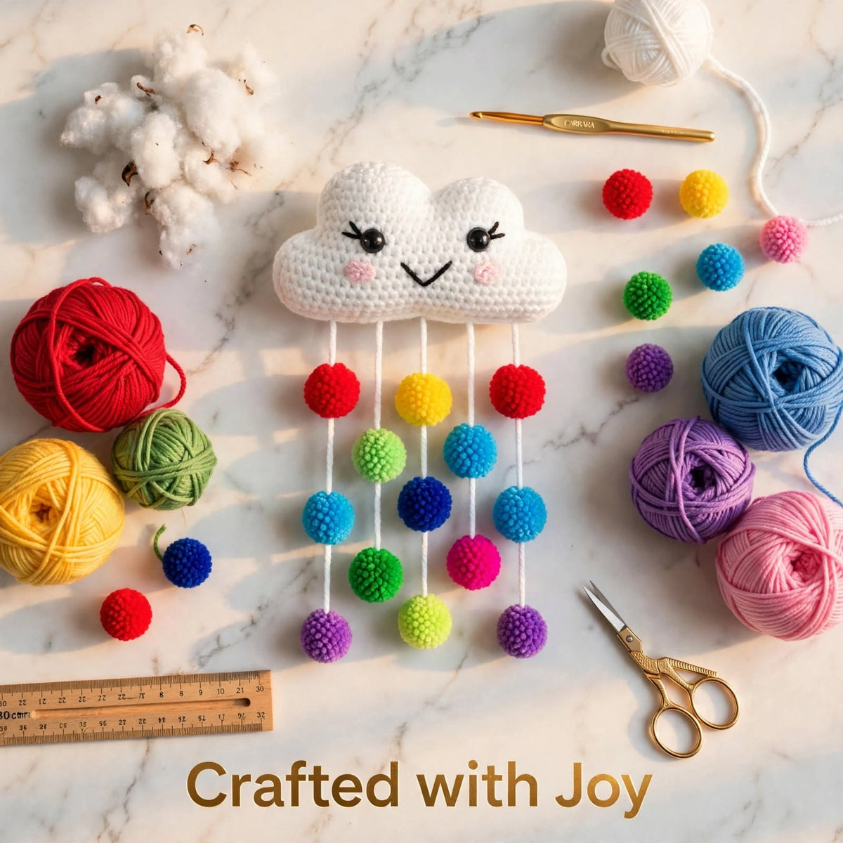 Handmade Crochet Rainbow Pom-Pom Cloud Hanging – Smiling Cloud