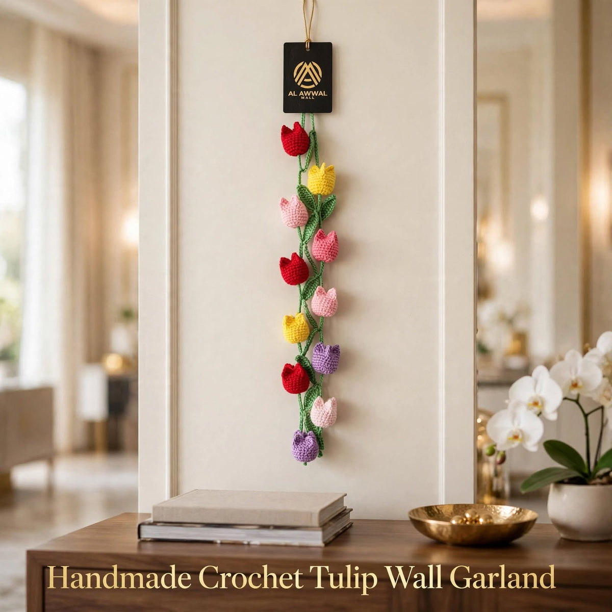 Handmade Crochet Tulip Flower Wall Garland – Multicolor Floral Hanging
