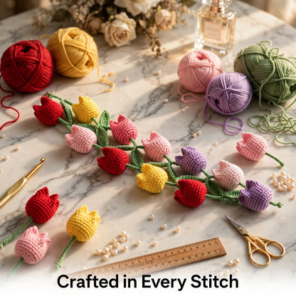 Handmade Crochet Tulip Flower Wall Garland – Multicolor Floral Hanging