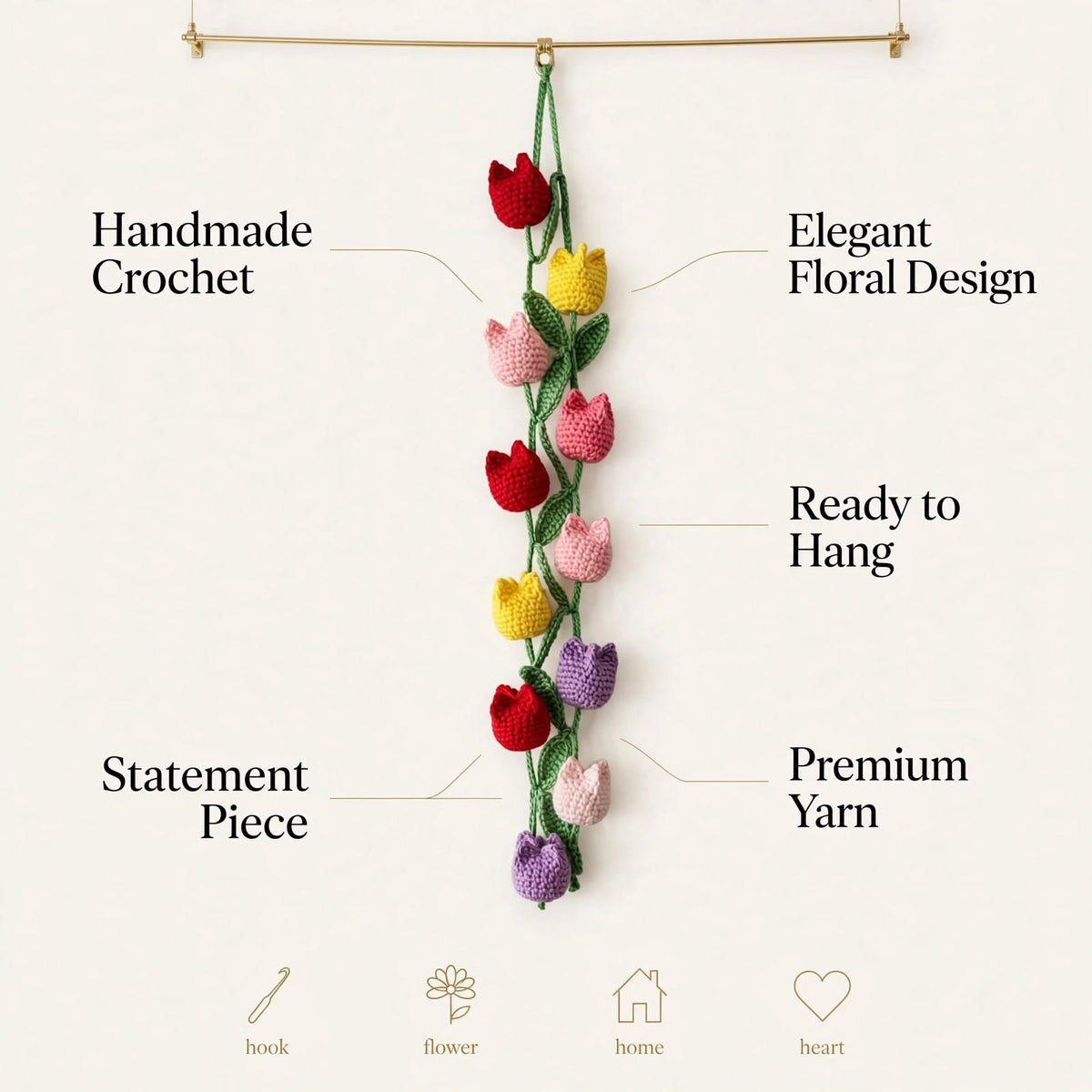 Handmade Crochet Tulip Flower Wall Garland – Multicolor Floral Hanging