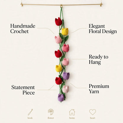Handmade Crochet Tulip Flower Wall Garland – Multicolor Floral Hanging