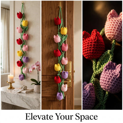 Handmade Crochet Tulip Flower Wall Garland – Multicolor Floral Hanging