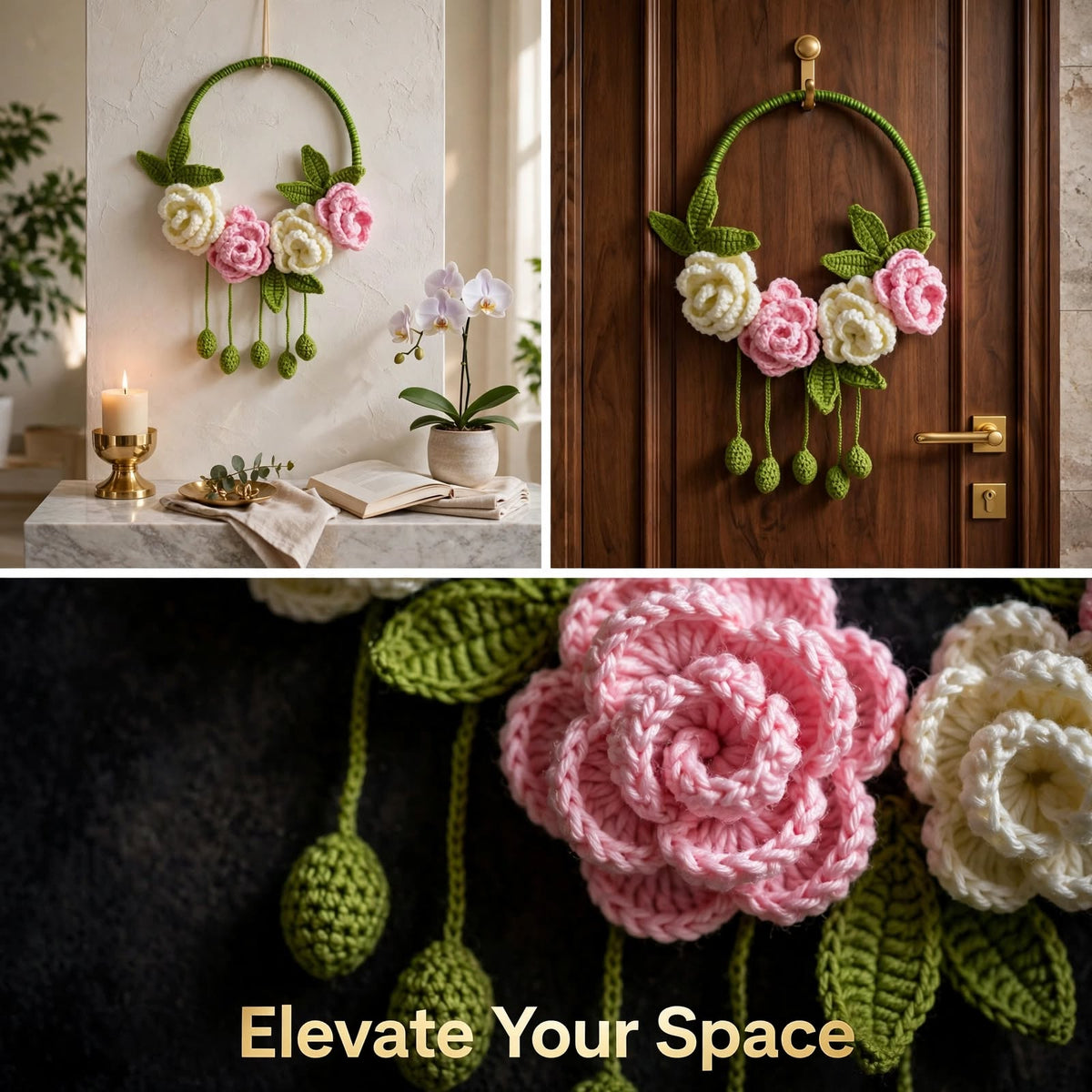Handmade Crochet Floral Ring Wall Hanging – Baby Pink & White Roses with Green Details