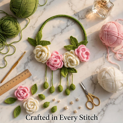 Handmade Crochet Floral Ring Wall Hanging – Baby Pink & White Roses with Green Details