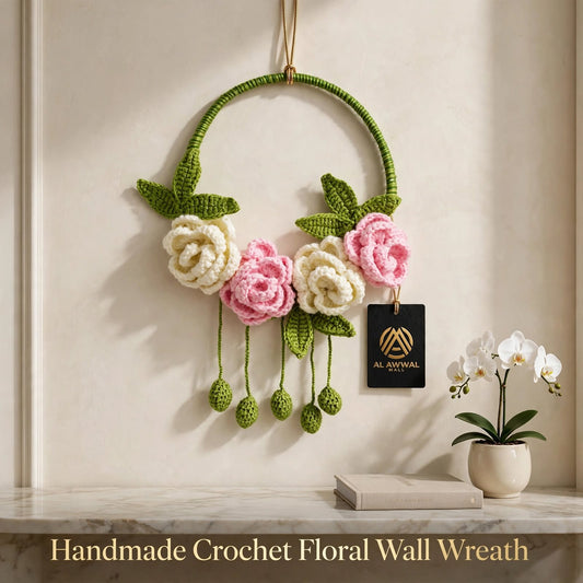 Handmade Crochet Floral Ring Wall Hanging – Baby Pink & White Roses with Green Details