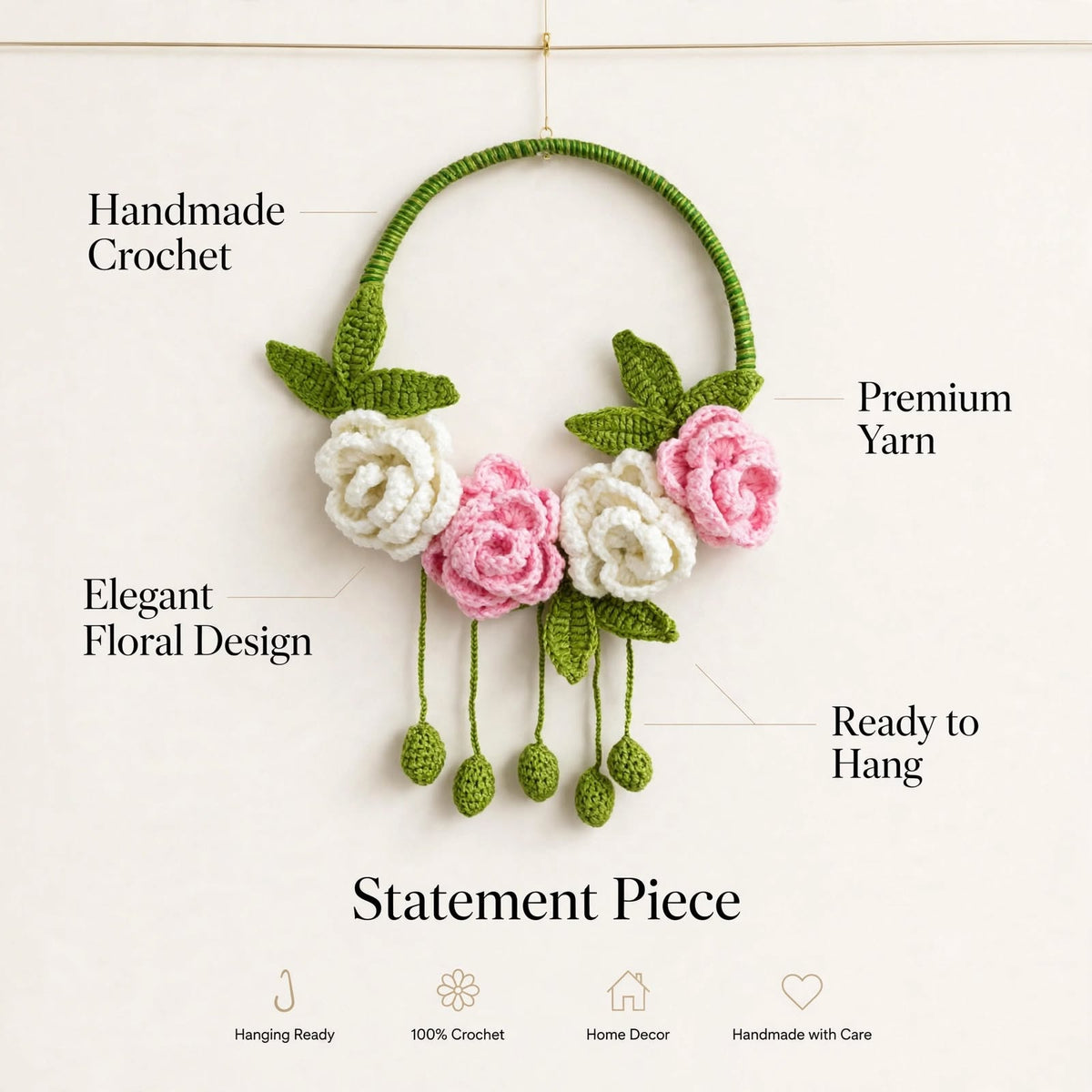 Handmade Crochet Floral Ring Wall Hanging – Baby Pink & White Roses with Green Details