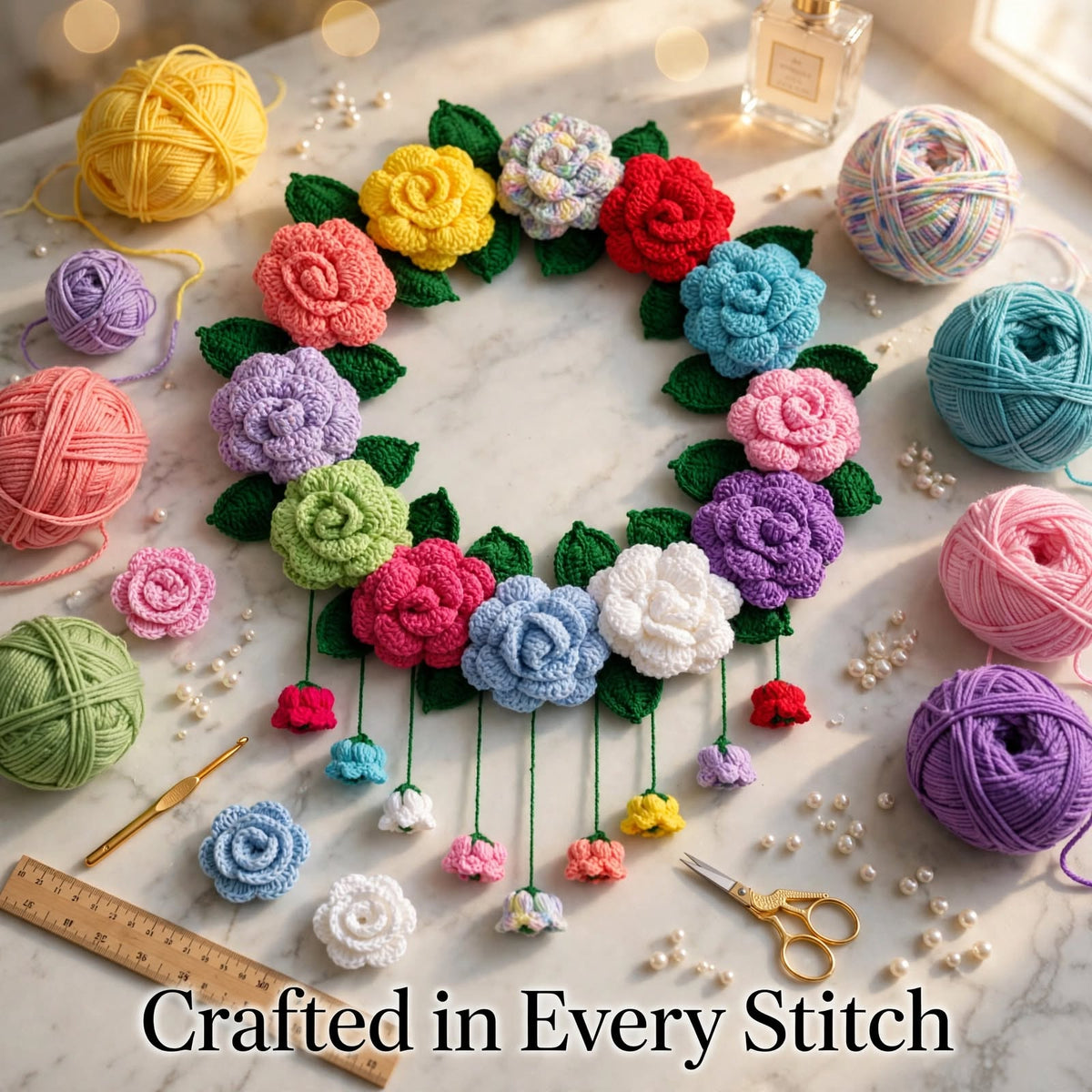 Handmade Crochet Rose Ring Wall Hanging – Multicolor Flowers & Bell-Style Hanging