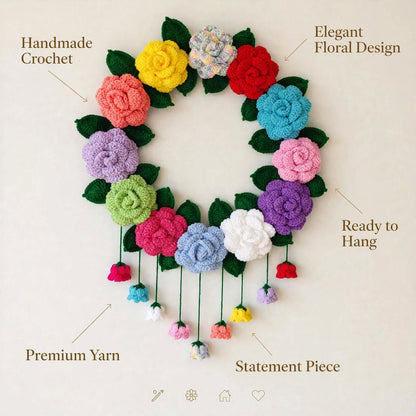 Handmade Crochet Rose Ring Wall Hanging – Multicolor Flowers & Bell-Style Hanging