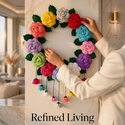 Handmade Crochet Rose Ring Wall Hanging – Multicolor Flowers & Bell-Style Hanging